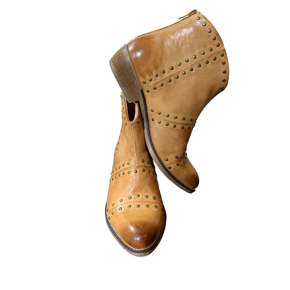 Diba True Studded Leather Ankle Boots Cognac Western Boho Women's 7.5